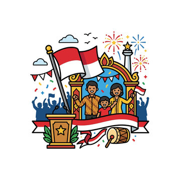 indonesian family celebrating independence day with national flag monas and fireworks a festive cultural illustration for patriotism.