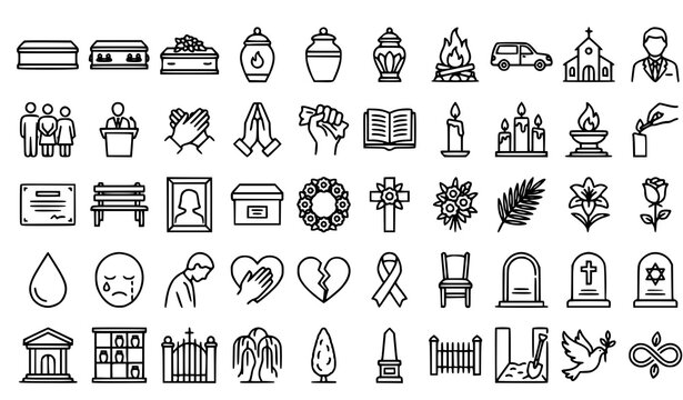 Set of funeral and mourning icons featuring coffins urns graves flowers and symbols of grief and remembrance