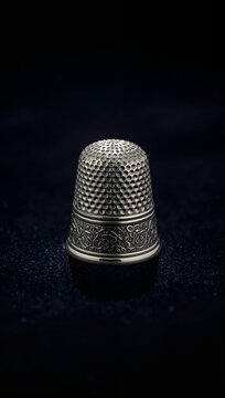 Silver thimble with intricate design and textured surface, positioned on a dark background, showcasing craftsmanship and attention to detail in sewing accessories