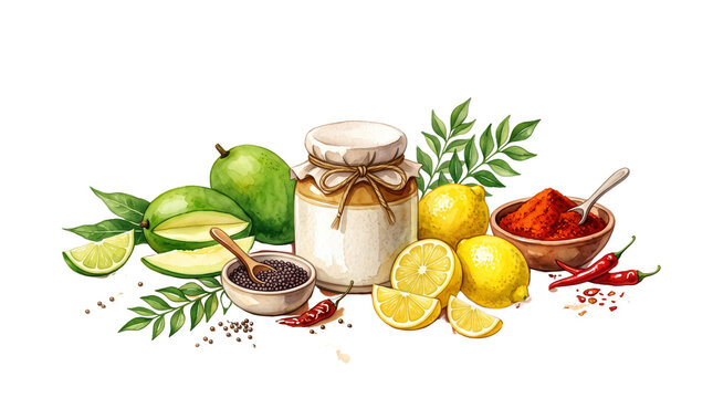 Traditional Indian mango pickle ingredients, glass jar of homemade achar with green mangoes and lemons, spicy chili powder and aromatic spices