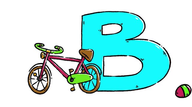 Horizontal 4K video. Loop educational hand drawn animation for kids. Teenage line art bike stands near bright, large big letter B, bee flies, ball bounces and rolls on white background. Education