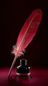 Red feather quill pen with a silver nib placed beside a black ink bottle on a dark red background, creating a classic writing setup for artistic purposes