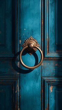Vintage blue wooden door with ornate brass knocker and peeling paint, showcasing intricate details and textures in a close-up view