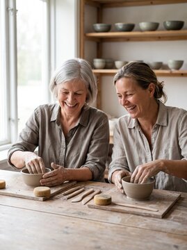Two Mature Women Making Ceramic Bowls in Pottery Class
