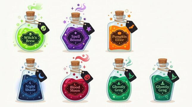 Set of colorful magic potion bottles with cork stoppers and labels isolated on a white background