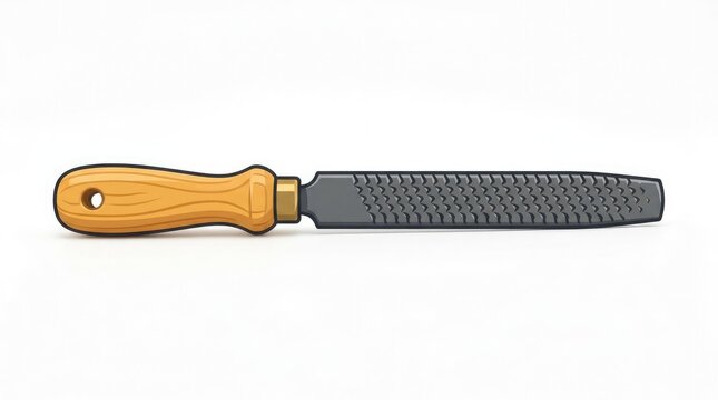 A woodworking rasp with a wooden handle, ready for shaping and smoothing rough surfaces. Its sharp teeth are designed for aggressive material removal.