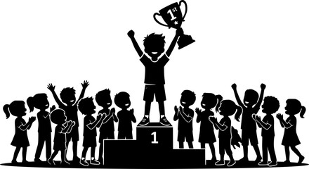 Obraz premium Little boy holding trophy winner competition in front of group of kids vector silhouette. Boy raising his hands with trophy celebrating victory silhouette