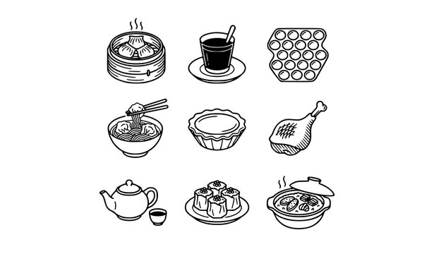 Hong Kong food and dim sum thin line icons set with traditional cuisine and bubble waffle vector symbols