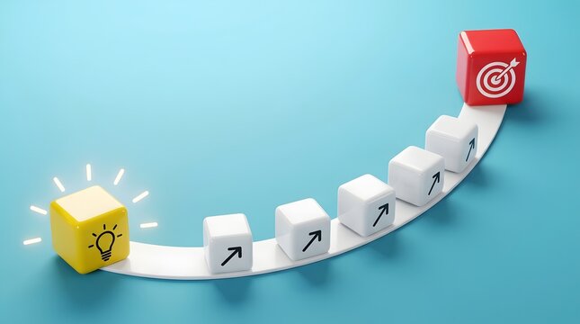 Strategic execution pathway from lightbulb innovation to target goal using glowing arrow blocks on blue background