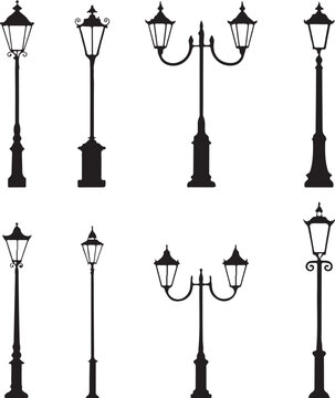 Vintage Street Lamp Vector Illustration Set with Antique Iron Lamppost Silhouettes for City Architecture Lighting and Retro Urban Design