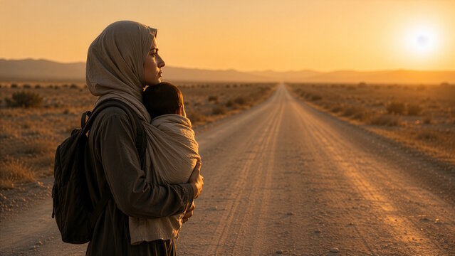 Refugee mother carrying child on long desert road at sunset migration journey concept