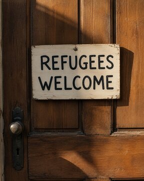 Vintage handwritten sign on wooden door welcoming refugees hospitality concept