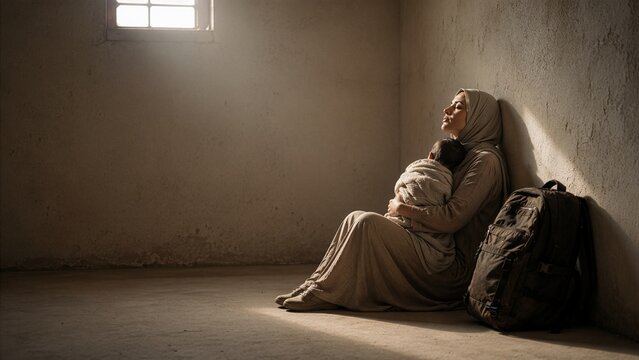 Exhausted refugee mother holding sleeping child in bare shelter room hope and resilience concept