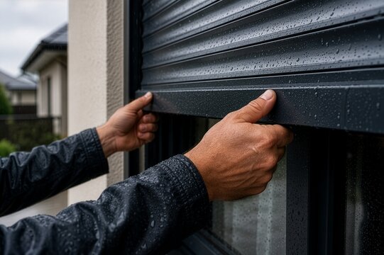 Man closing dark metal roller shutters on house window before storm hurricane protection concept