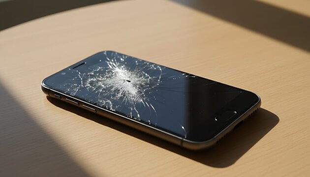 A black smartphone with a shattered and cracked screen lying on a light brown wooden table, partially covered by a shadow.