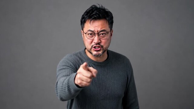 指をさして怒る中年男性