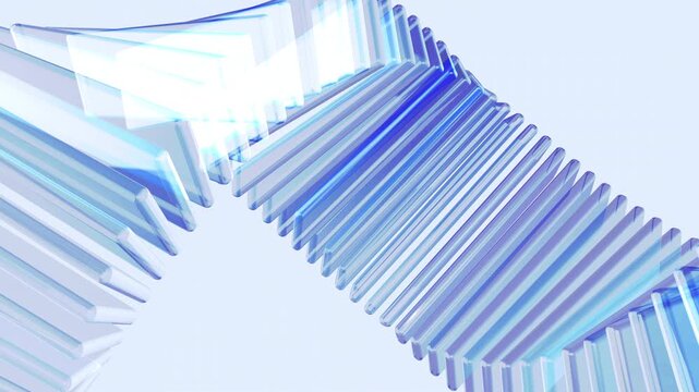 Modern translucent glass rectangles arranged in an elegant twisting ribbon. Transparent crystal layers with glossy blue reflections and soft light refraction on transparent background