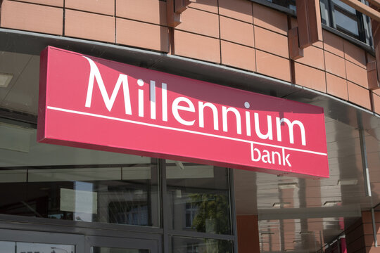 Signage at the entrance to the Millennium Bank headquarters. Poznań, Poland, August 2, 2026

