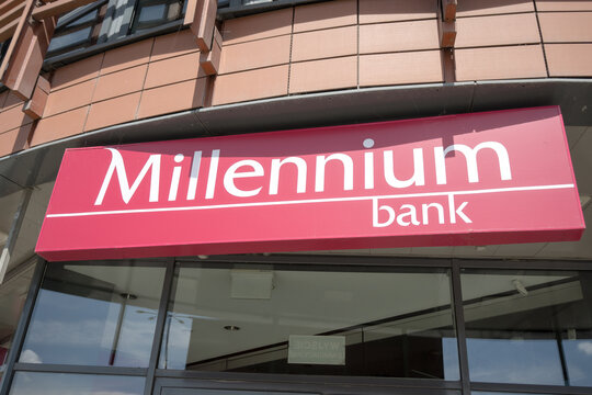 Signage at the entrance to the Millennium Bank headquarters. Poznań, Poland, August 2, 2026

