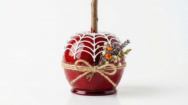 A festive red candy apple decorated with a white icing spider web and rustic twine bow isolated on white