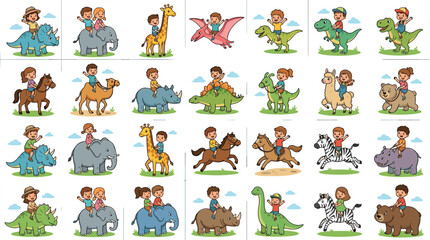 Cute Kids Riding Animals and Dinosaurs Vector Icon Set with Cartoon Children on Elephant Giraffe T-Rex Horse and Zebra Character Designs © imran