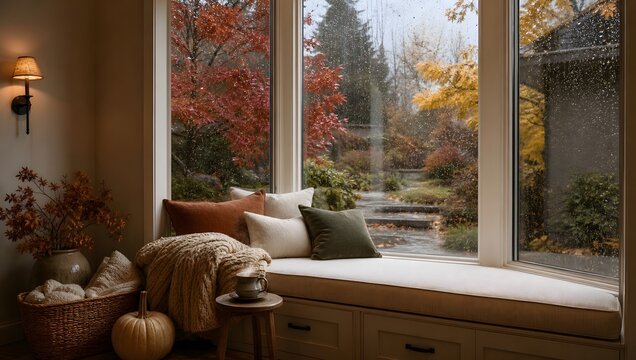 Cozy window seat nook with rainy autumn garden view and warm knitted blanket.