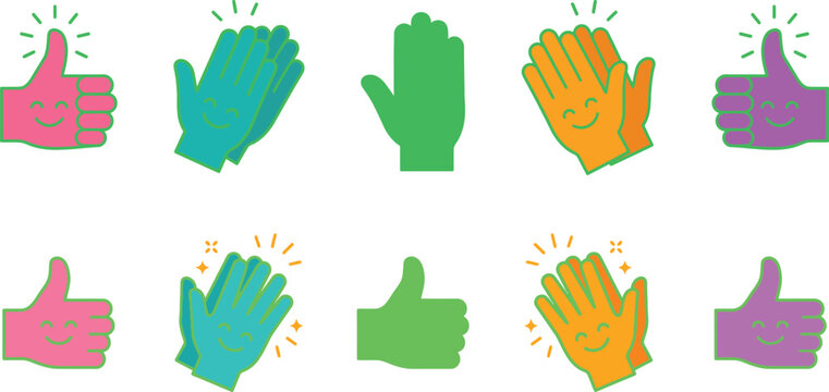 Colorful cartoon hands clapping and giving thumbs up on a white background