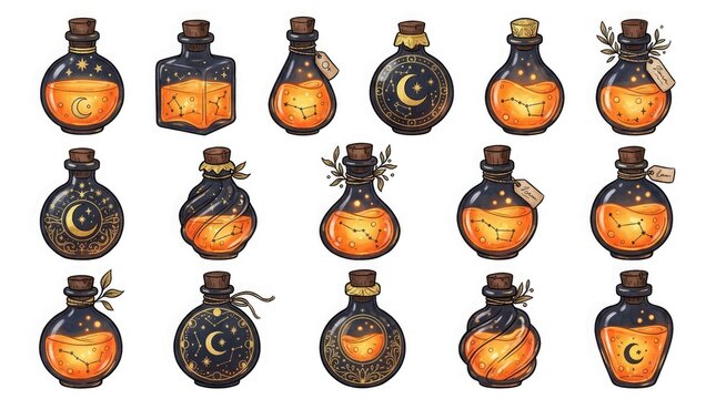 Set of hand drawn watercolor magic potion bottles with glowing liquid isolated on a white background