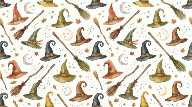 Seamless pattern with watercolor witch hats and broomsticks for halloween celebration design on a white background