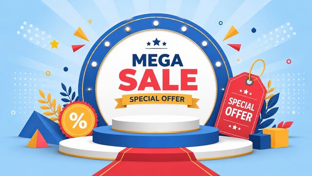 Designers create award stage podiums with sale signs for event backgrounds in vector format.