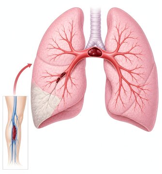 Pulmonary embolism lung artery clot diagram, DVT source, pulmonology medical illustration  showing saddle embolus at pulmonary artery bifurcation, lung infarction and DVT source