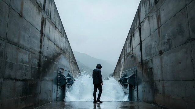 Man standing between large concrete barriers with water flowing through at a dam or floodgate structure