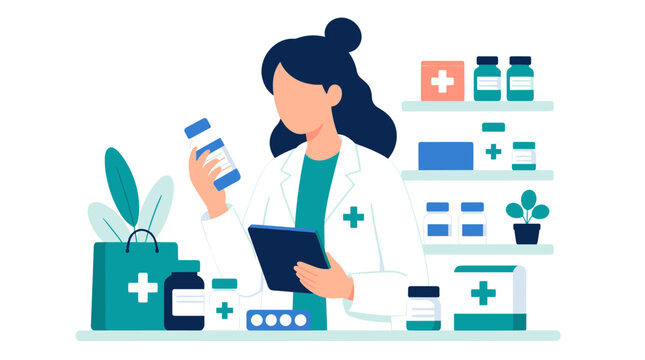 Female pharmacist examining medication bottles and clipboard.