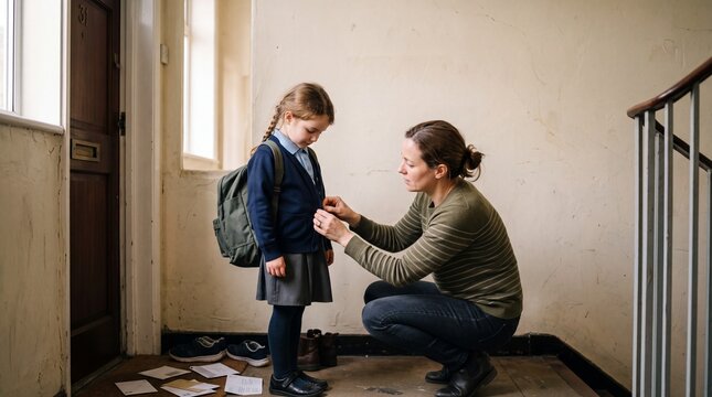 A mother helps her young daughter, dressed in a school uniform and backpack, adjust her cardigan by the front door, capturing a tender moment of preparation for a new day of learning.