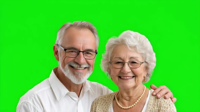 Happy senior couple smiling together on green screen background, elderly man and woman isolated for chroma key video editing