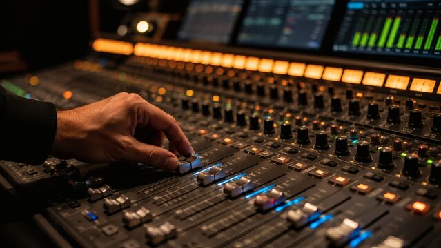 Sound Engineer Hand Fine-Tuning Motorized Fader on Studio Console