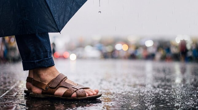 A lone person wearing a sandal stands under an umbrella on a wet city street, with bokeh lights in the background, creating a mood of solitude and contemplation.