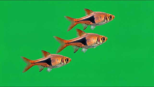 Three realistic harlequin rasbora fish swimming in formation on chroma key green screen isolated background