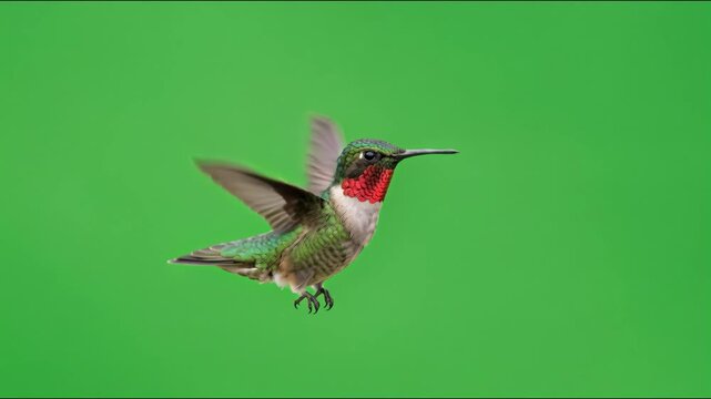 Realistic ruby throated hummingbird hovering and flying on chroma key green screen isolated background