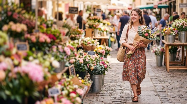 A woman smiles brightly as she strolls through a vibrant outdoor flower market, carrying a beautiful bouquet.