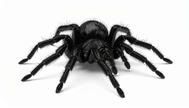 Large black spider on white background. Macro shot of a hairy arachnid isolated on white.