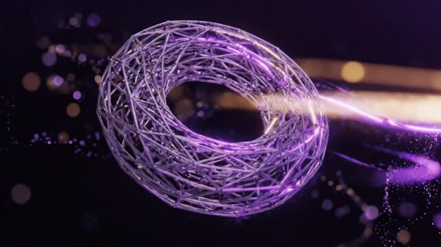 3D abstract futuristic purple wireframe torus geometric ring with glowing particles digital tech background illustration