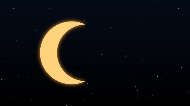 Yellow glowing crescent moon shining in starry dark night sky background illustration design concept