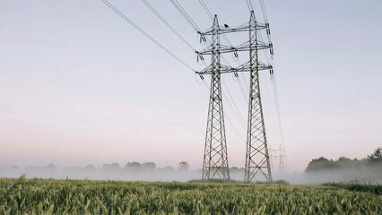 Obraz premium Tall Electrical Power Transmission Towers Over a Green Field with Mist and Sky