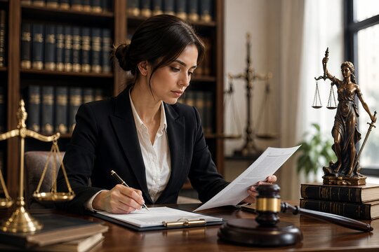 Female lawyers work at law firms. Judges use gavels and scales for legal advice and justice with documents.