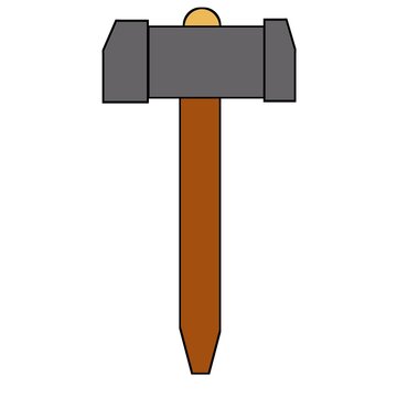 Minimalist vector icon of a hammer with a brown handle and grey head on a white background.
