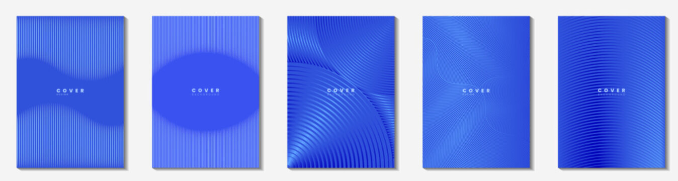 Modern abstract blue cover template set with curved wavy line pattern and minimal geometric background