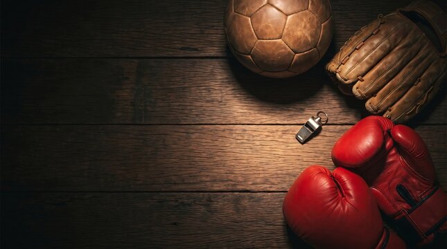 Vintage Sports Equipment Flatlay with Copy Space on Wooden Background