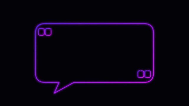 Purple neon speech bubble frame with quotation marks on a dark background for social media messages