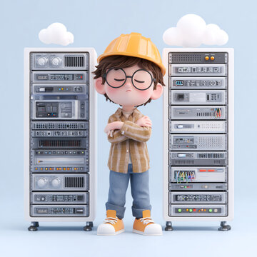 Cute 3D cartoon boy engineer wearing a hard hat, working on a network server rack, isolated on a plain background with soft colors. 